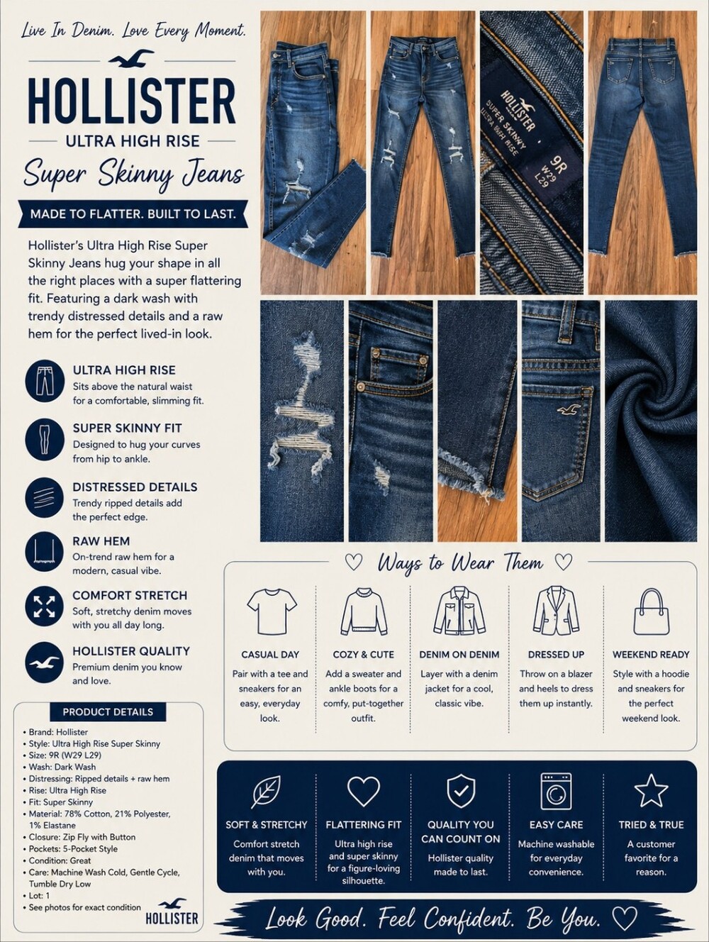 Hollister Ultra High Rise Super Skinny Jeans Distressed Dark Wash Size 9R
